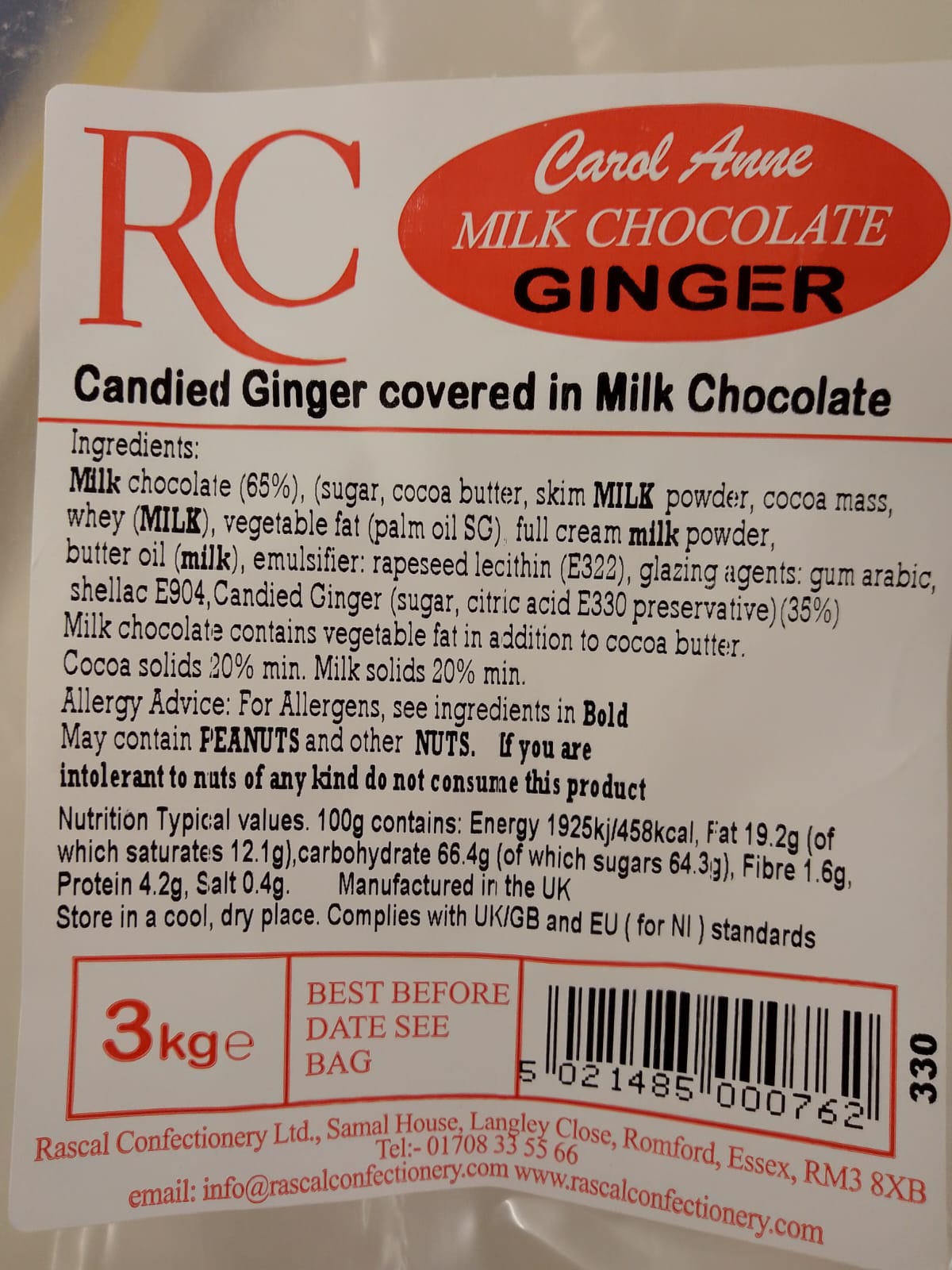 Milk Chocolate Ginger per 100g