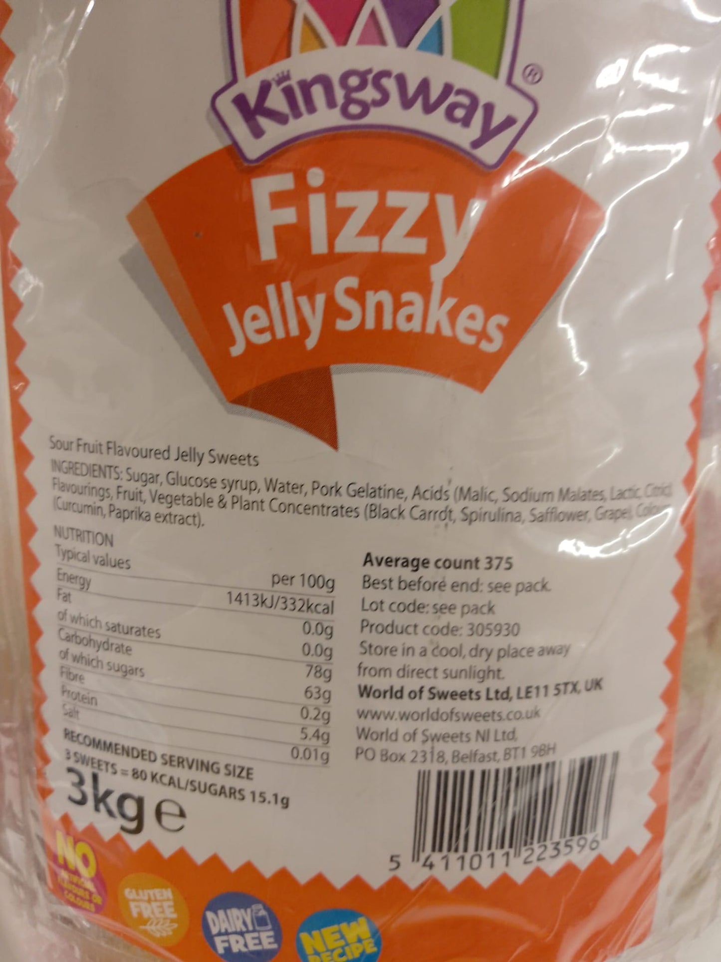 Fizzy Jelly Snakes per 100g